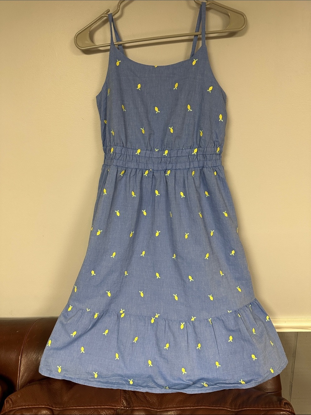 Girls cat & Jack blue / embroidered lemons fully lined summer dress XL 14 EUC!